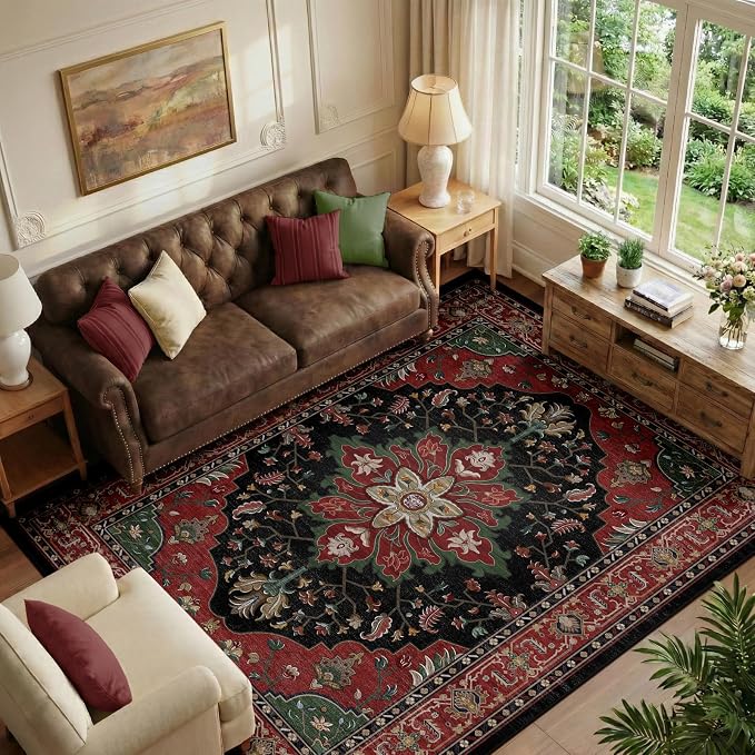 RELEANY Area Rugs 6'x9' Washable Non-Slip, Floral Vintage Distress Medallion by RELEANY