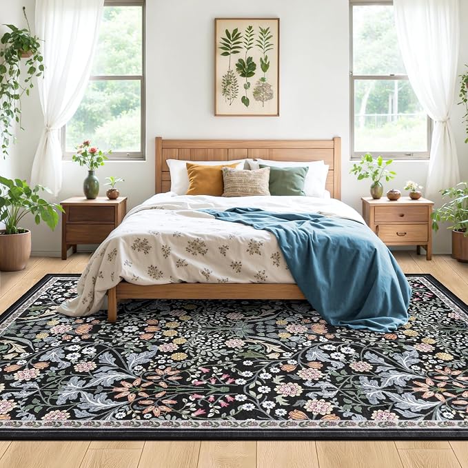 Area Rugs 9x12 Living Room: Floral Washable Rug Vintage Large Soft Boho - Image 3