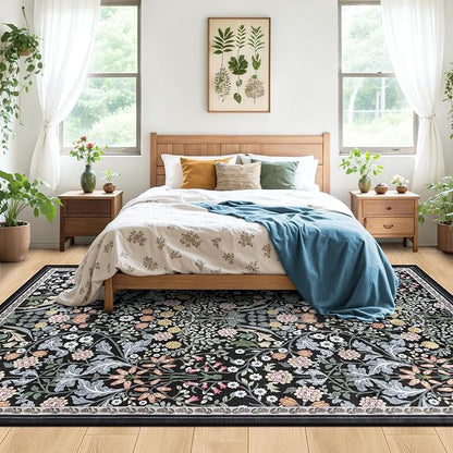 Area Rugs 9x12 Living Room: Floral Washable Rug Vintage Large Soft Boho - Image 3