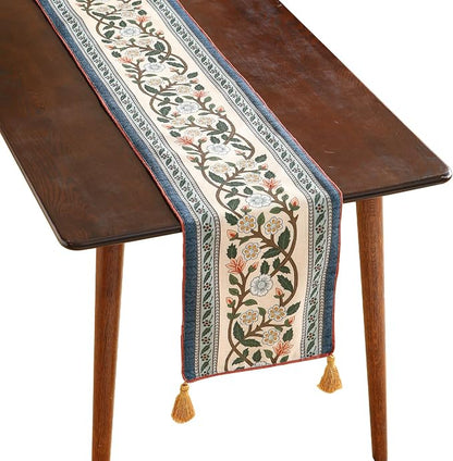 Designer Vintage Linen Long Table Runner, Floral Pattern, Dining Table by Isaennehomedecoration