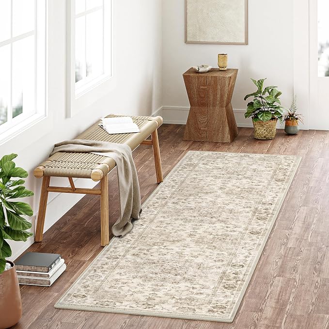 2'6x12 Washable Neutral Runner Rug Beige Vintage Hallway Kitchen Carpet - Image 2