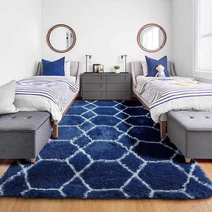 ONASAR Large 6x9 Area Rugs for Living Room, Fluffy Geometric Navy and White Rug - Image 7