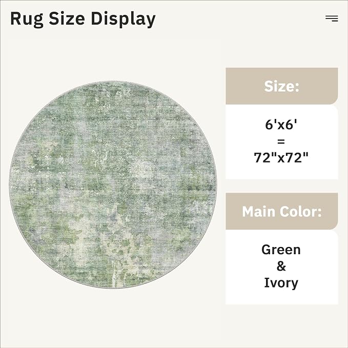 Soalmost 6x6 Green/Ivory Round Rug 6ft Living Room Circle Rug Vintage Round - Image 5