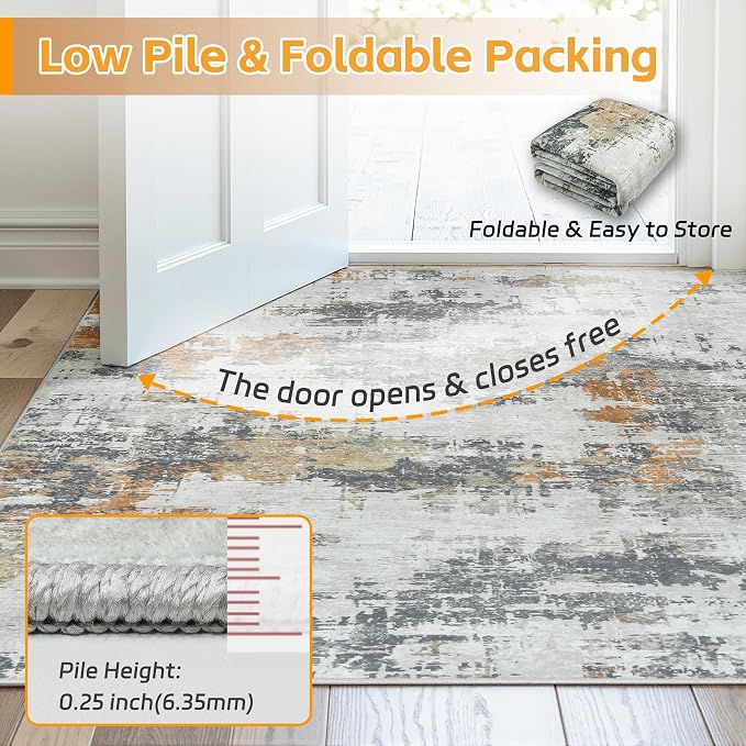 Area Rug 9x12 Living Room Rug Washable: No-Slip Abstract Soft Thin Large Grey - Image 8