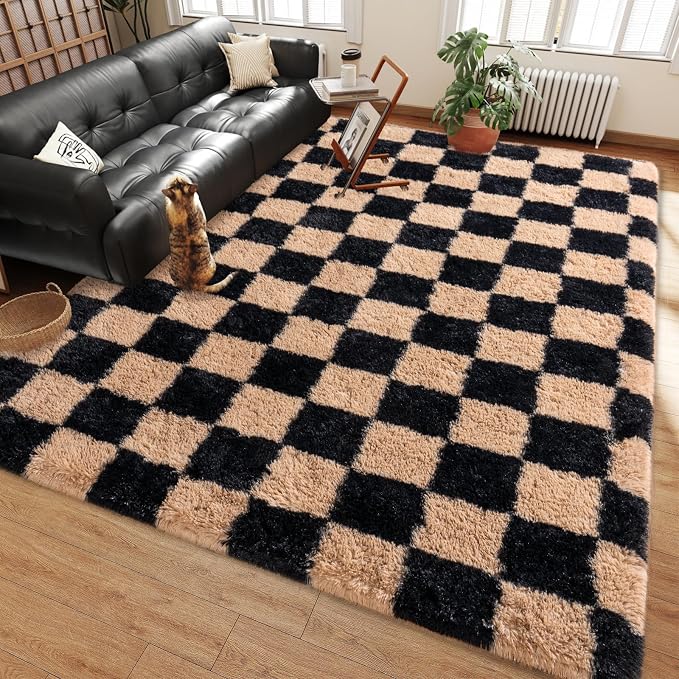 Shag Rugs for Living Room 9x12, Ultra Soft Checkered Black Beige Big Fuzzy Rugs - Image 4