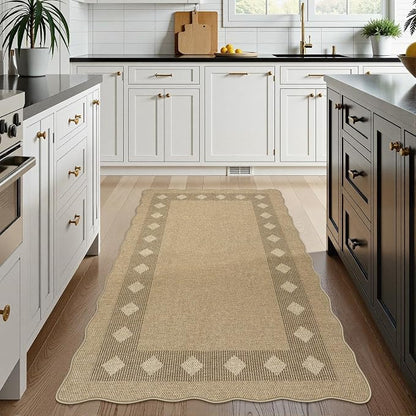 LIVEBOX Scalloped Easy Jute Diamond 3x5 Outdoor Rug, Washable Non-Slip Tan Rugs - Image 2