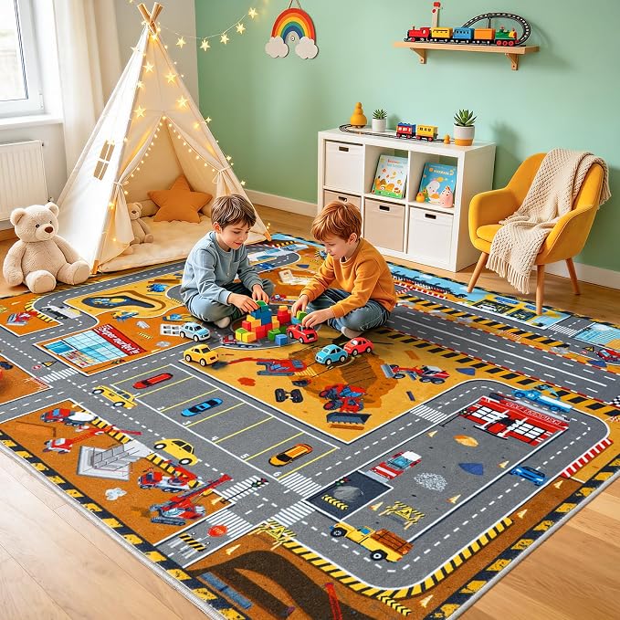 Kids Play Rug 4x5 Ft, Non-Slip Car Rug Play Mat, Washable Soft Construction - Image 5