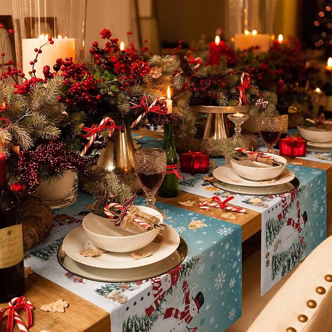 Teal Christmas Snowman Table Runner 120 Inches Long, Xmas Trees Snowflake Table - Image 6