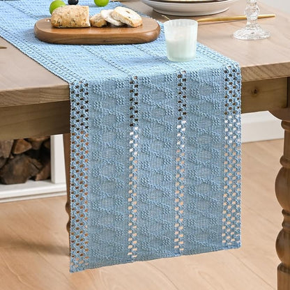 Artoid Mode Sky Blue Woven Farmhouse Hollow Table Runner 12x120 Inch | Holiday - Image 2