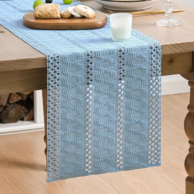 Artoid Mode Sky Blue Woven Farmhouse Hollow Table Runner 12x48 Inch | Holiday - Image 2
