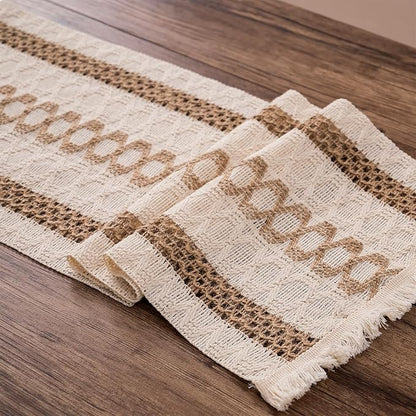 Boho Table Runner with Tassels 12 x 48 Inches Long, Cream & Brown Rustic - Image 6