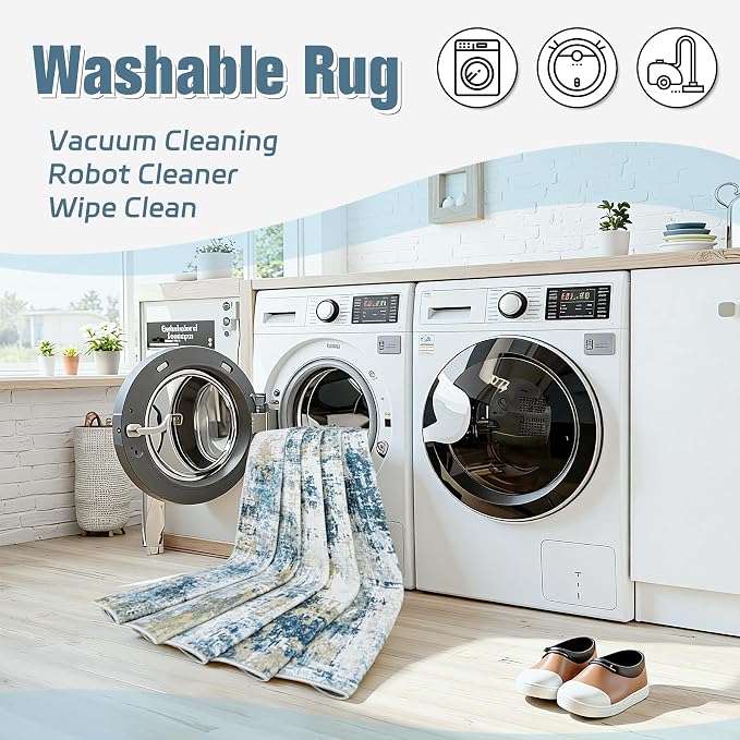 Area Rug 10x12 Living Room Rug Washable: No-Slip Abstract Soft Thin Large Blue - Image 5