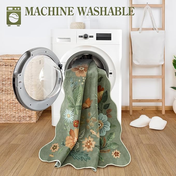 Lahome Floral Washable Rugs 8x10, Non-Slip Soft Green Rug Stain Resistant - Image 4