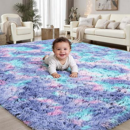 Rainbow 8x10 Fluffy Rugs for Girls Bedroom: Large Shag High Pile Area Rug by PLHXFRSoftAreaRugs