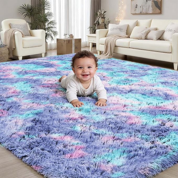 Rainbow Fluffy Rugs for Girls Bedroom: 4x6 Large Shag High Pile Area Rug by PLHXFRSoftAreaRugs