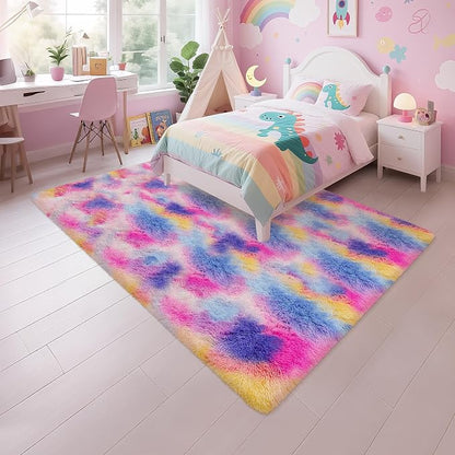 Rainbow Area Rugs 5x8 ft, Tie-Dyed Unicorn Fluffy Fuzzy Shaggy Carpet Soft - Image 3