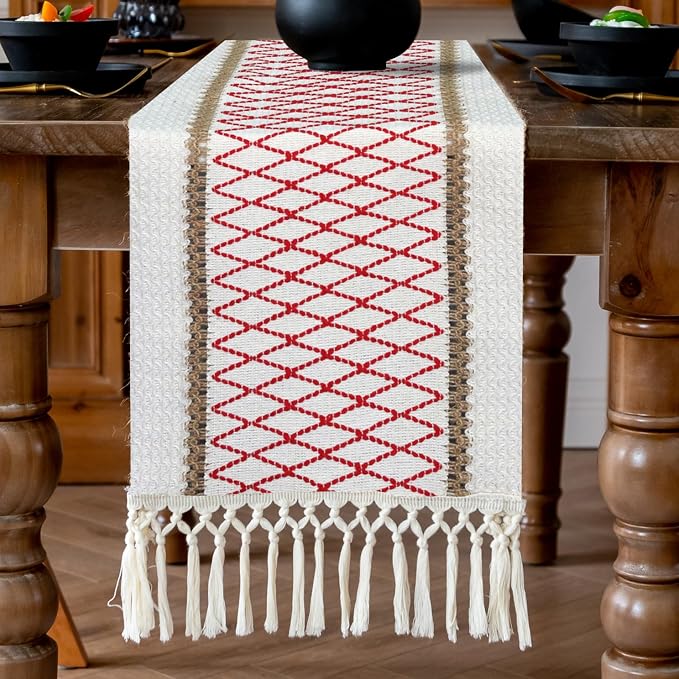 EMMTEEY Macrame Table Runner Boho Style 94 Inches Long, Hexagonal Red | Handmade - Image 5