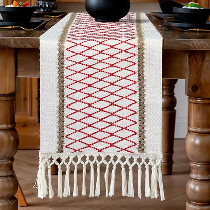 EMMTEEY Macrame Table Runner Boho Style 94 Inches Long, Hexagonal Red | Handmade - Image 5