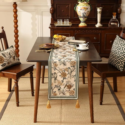 Designer French Linen Extra Long Table Runner, Floral and Bird Pattern - Image 6