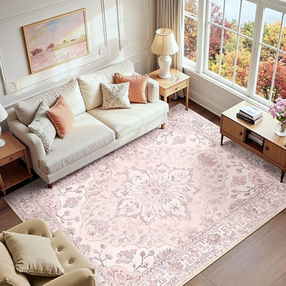 RELEANY Area Rugs 6'x9' Washable Non-Slip, Floral Vintage Distress Medallion by RELEANY