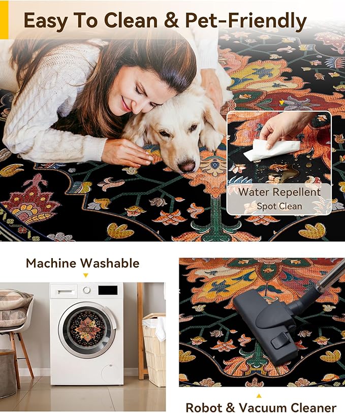 RELEANY Area Rugs Round 6ft Washable Non-Slip, Floral Vintage Distress - Image 5