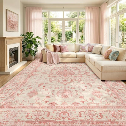 RELEANY Area Rugs 8'x10' Washable Non-Slip, Floral Vintage Distress Medallion by RELEANY