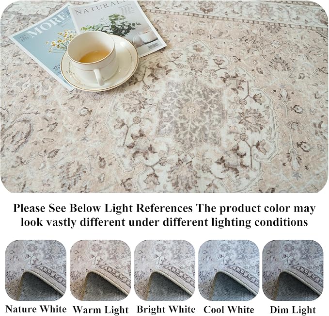 7x10 Area Rug for Living Room: Washable Neutral Vintage Large Rugs for Bedroom - Image 3
