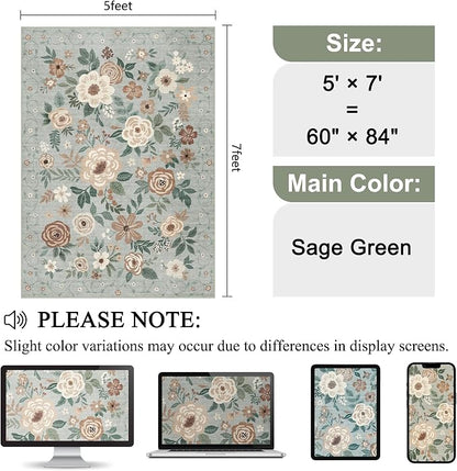 DUKINO 5x7 Area Rug, Floral Design, Lightweight Non Slip Washable, Indoor Low - Image 2