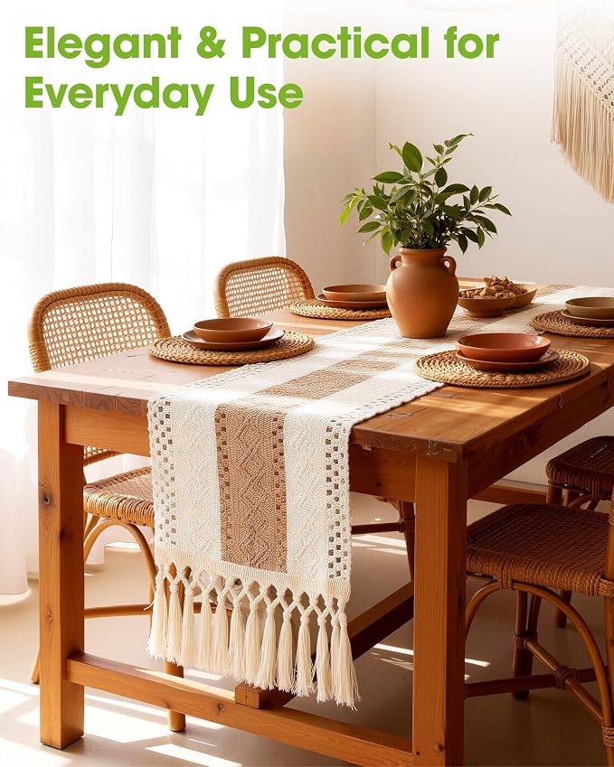 Pureegg Boho Table Runner 12 x 48 Inch, Woven Tassel Design | Dining Table - Image 2