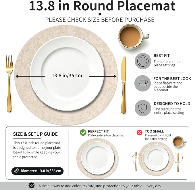Maxpearl Faux Leather Round Placemats Set of 6, 13.8 inch, Heat Resistant - Image 2