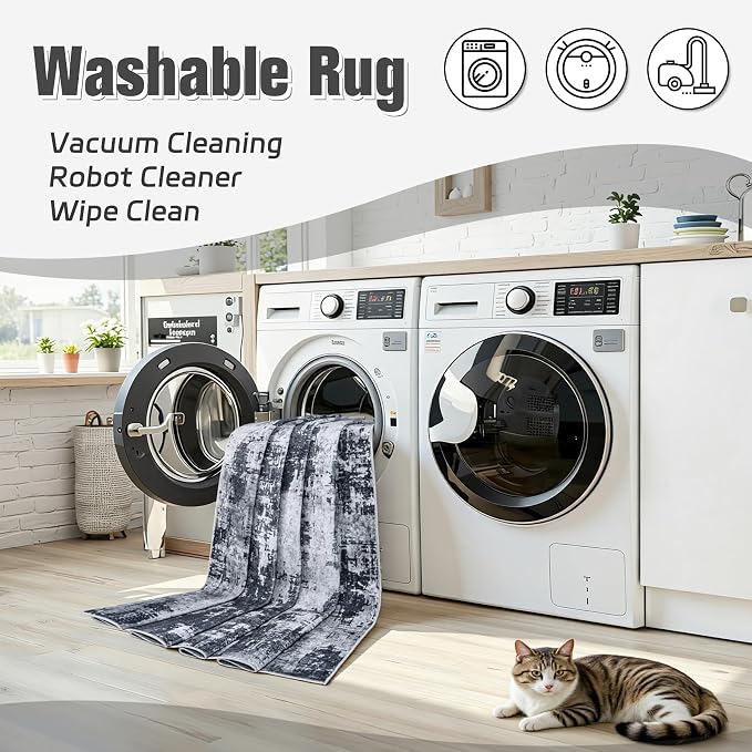 6x9 Area Rugs for Living Room Washable: Abstract Soft Thin Low Pile Black Rug - Image 3