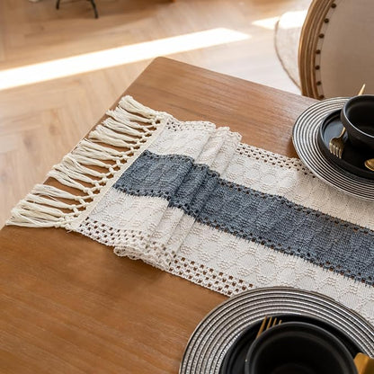EMMTEEY Boho Table Runner with Tassels 72 Inches Long, Stone Blue | Handmade - Image 6