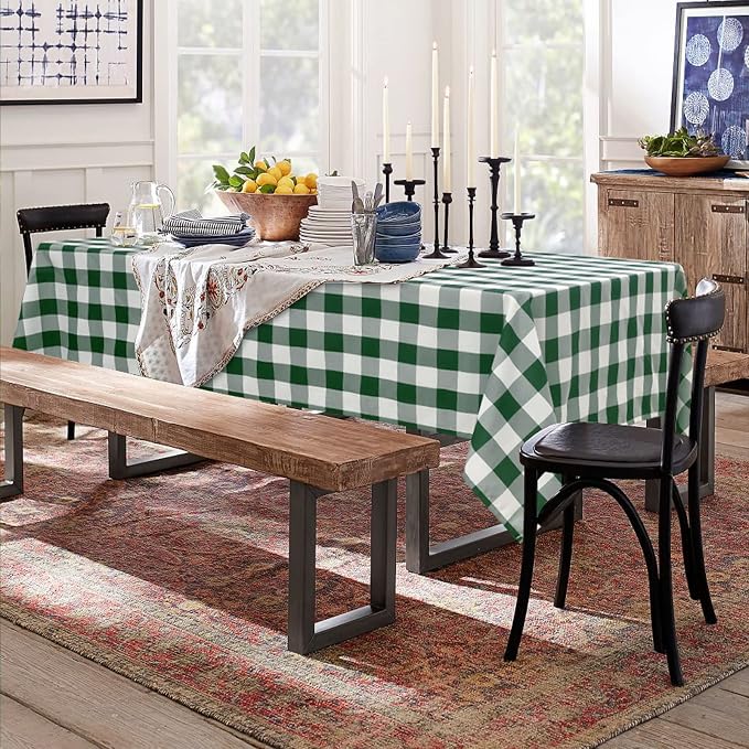 Plaid Tablecloth 2 Pack, 60 x 84 inch, Forest Green and White | Waterproof - Image 8
