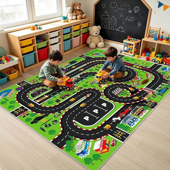 Kids Room Rug 5x7 Ft, Washable Soft Race Track Road Rug, Non-Slip Educational by Quntue