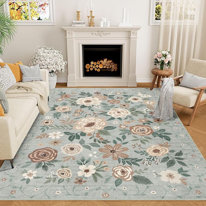 DUKINO 5x7 Area Rug, Floral Design, Lightweight Non Slip Washable, Indoor Low by DUKINO