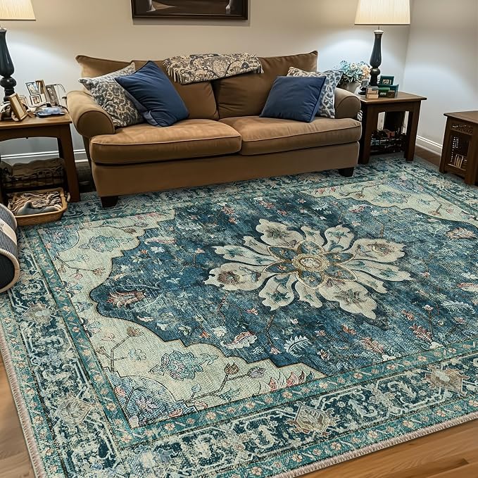 RELEANY Area Rugs 7'x9' Washable Non-Slip, Floral Vintage Distress Medallion by RELEANY