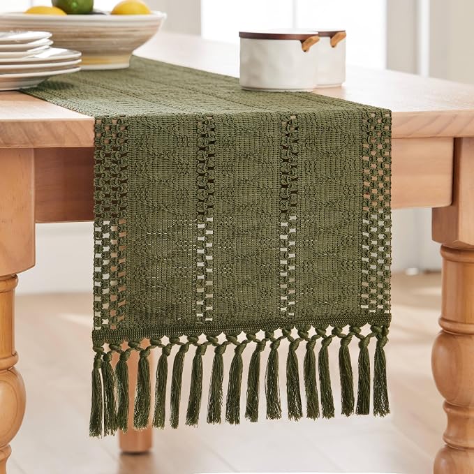 Macrame Style Boho Table Runner, 12x90 Inch Moss | Woven Boho Table Runner - Image 7