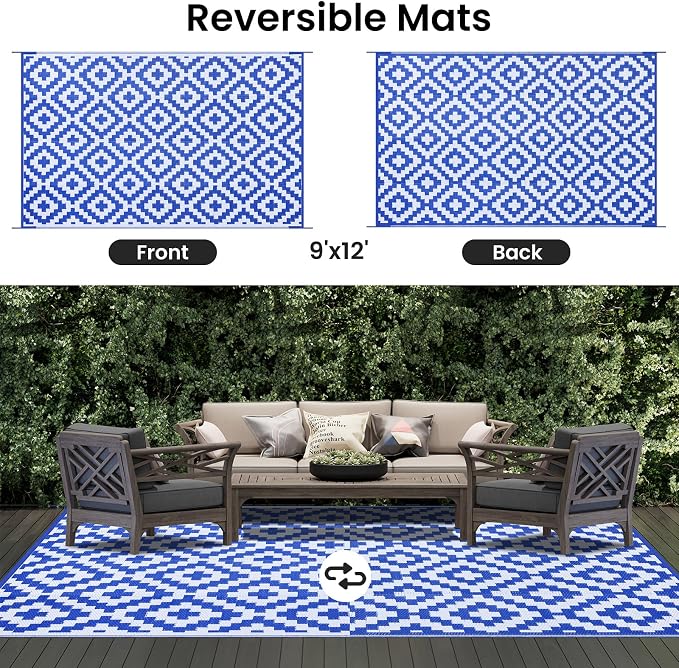 Smiry Waterproof Outdoor Rug 9x12 ft, Reversible Plastic Straw Patio Camping - Image 3