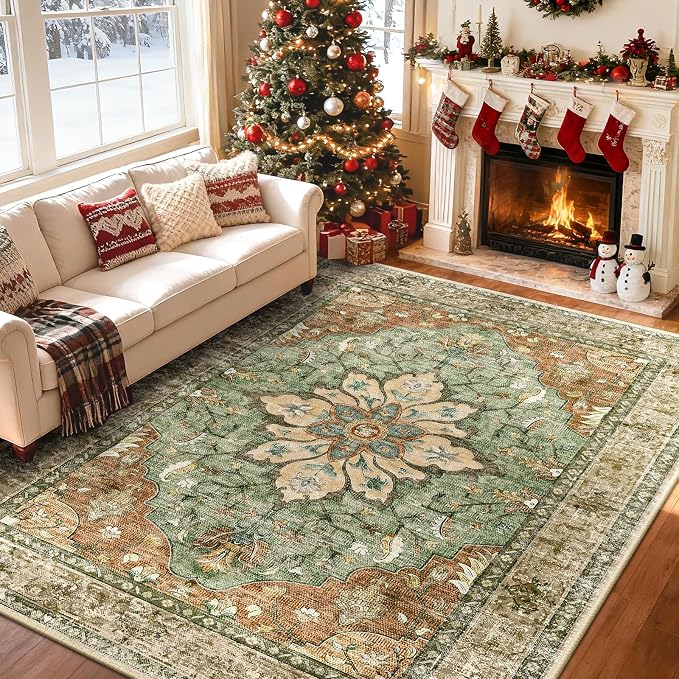 RELEANY Area Rugs 7'x9' Washable Non-Slip, Floral Vintage Distress Medallion - Image 2