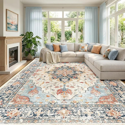 RELEANY Area Rugs Large 9'x12' Washable Non-Slip, Floral Vintage Distress by RELEANY