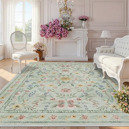Green Floral Rug for Girls, 5x7 Washable Botanical Bedroom Rug for Nursery by Dadasgk