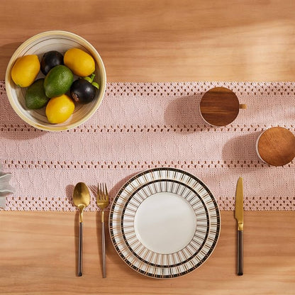Macrame Style Boho Table Runner, 12x36 Inch Light Pink | Woven Boho Table Runner - Image 4