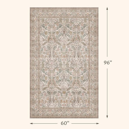 Vintage Floral 5x8 Dining Room Rug, Machine Washable Moss Green Living Room - Image 2