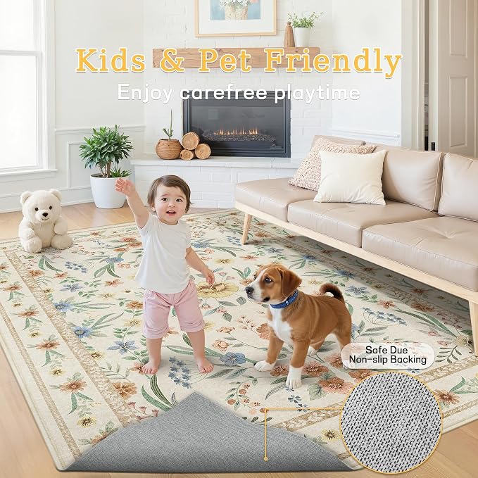Beige Floral Area Rug 6x9, Neutral Washable Girls Bedroom Rug - Image 6