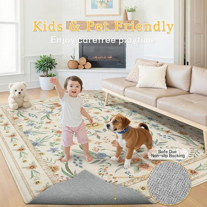 Beige Floral Area Rug 6x9, Neutral Washable Girls Bedroom Rug - Image 6