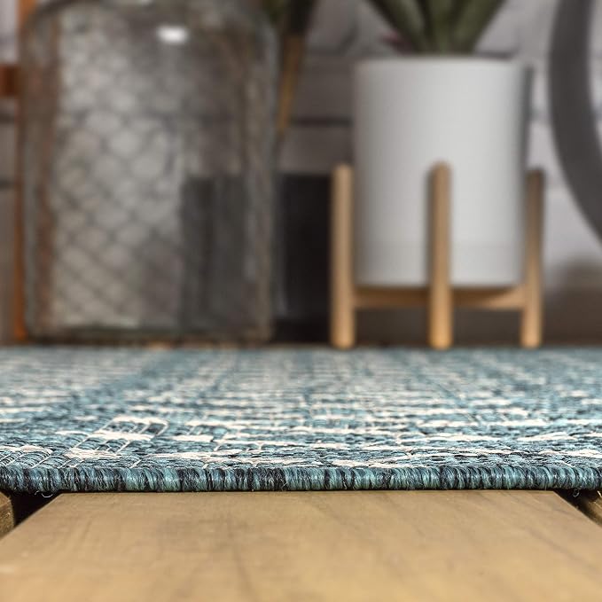 JONATHAN Y Moroccan Geometric Indoor Outdoor Round Area Rug 8 Ft Teal/Gray - Image 6