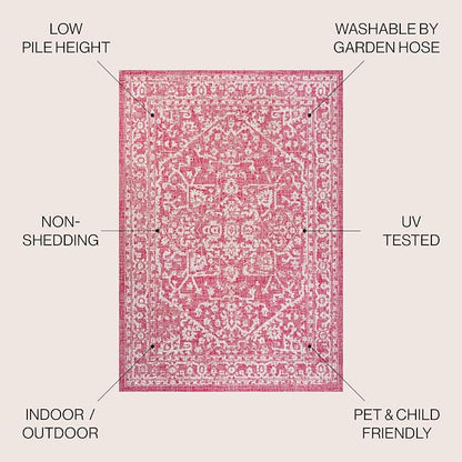 JONATHAN Y Boho Medallion Indoor Outdoor Round Area Rug 5 Ft Fuchsia/Light Gray - Image 2