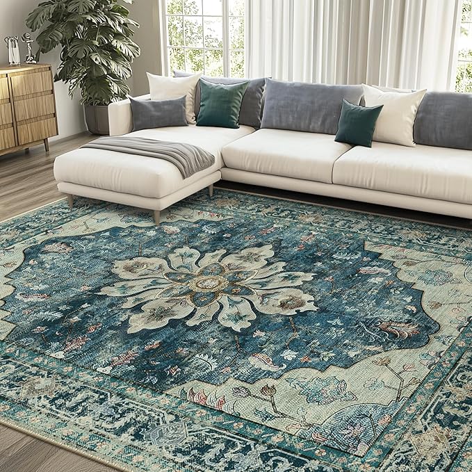 RELEANY Area Rugs 8'x10' Washable Non-Slip, Floral Vintage Distress Medallion by RELEANY