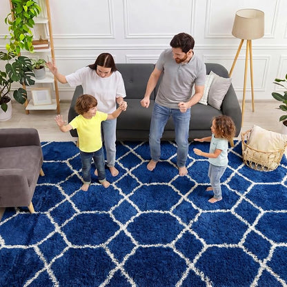 ONASAR 7x9 Area Rugs for Living Room Bedroom, Large Fluffy Navy Blue and White - Image 3