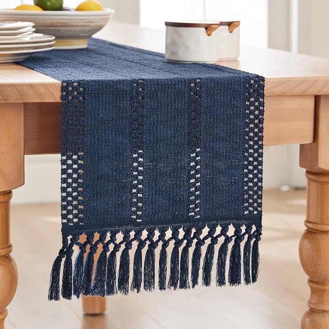 Macrame Style Boho Table Runner, 12x36 Inch Navy Blue | Woven Boho Table Runner - Image 7
